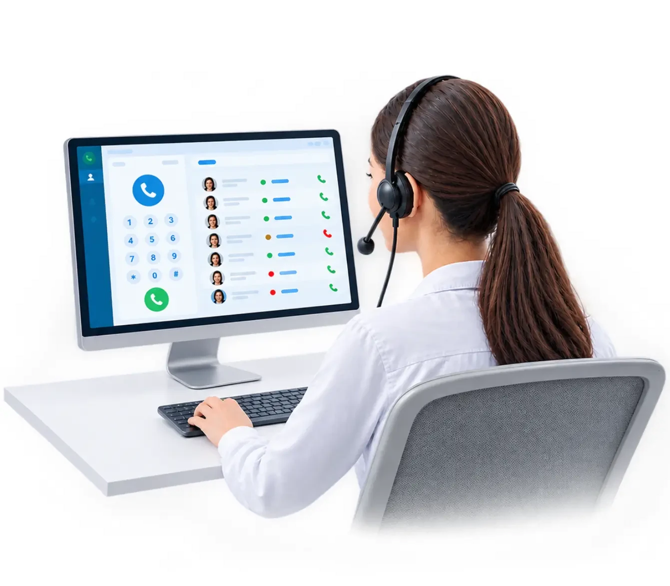 Call centre agent using dialer software at a computer in Dubai